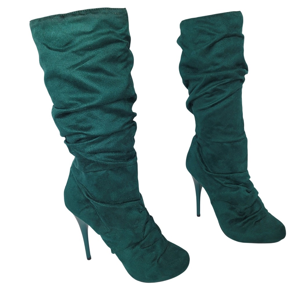 Michael Antonio Green Suede Slouchy Stiletto Boots 5.5 Ruched Y2K